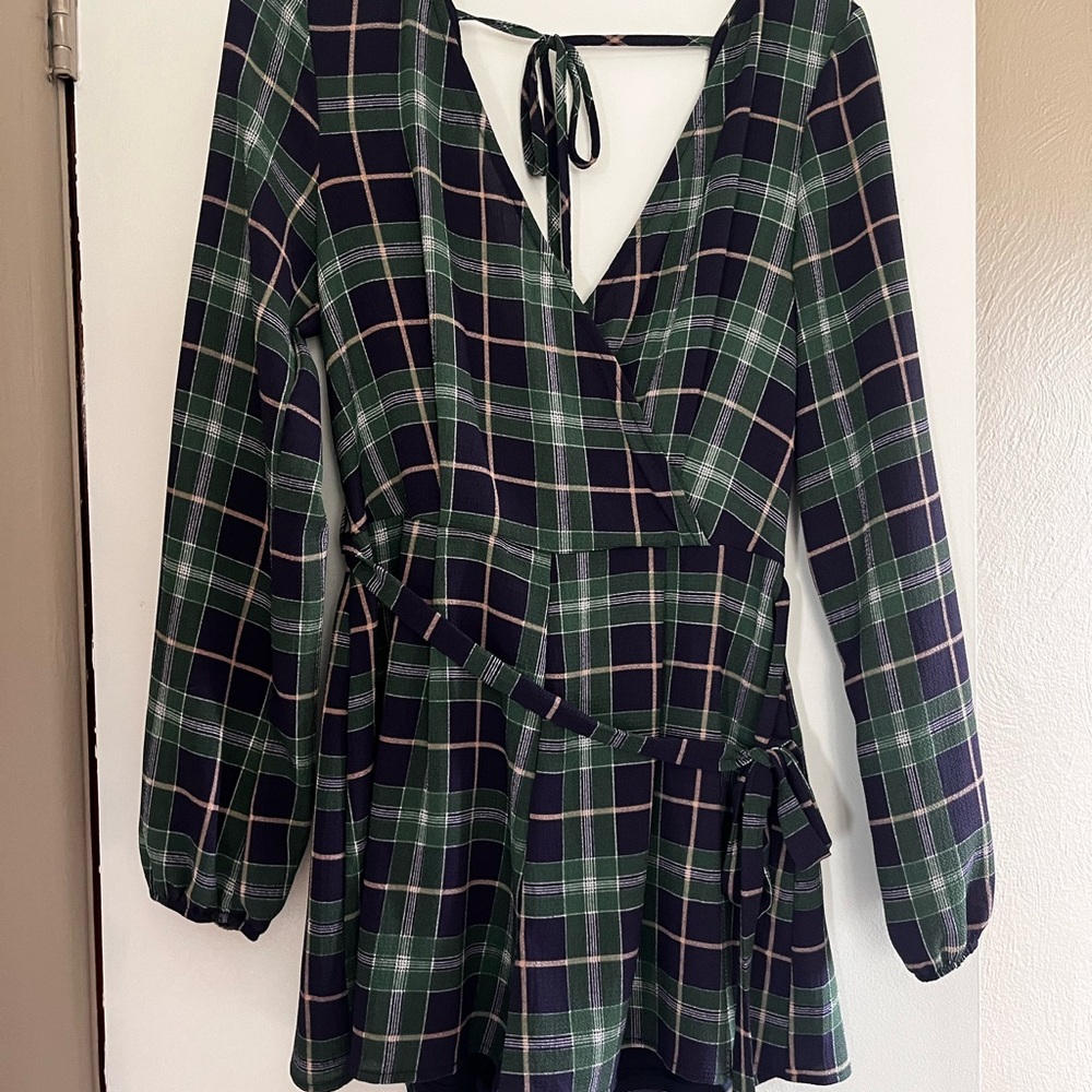 Green Plaid Long Sleeve Romper
